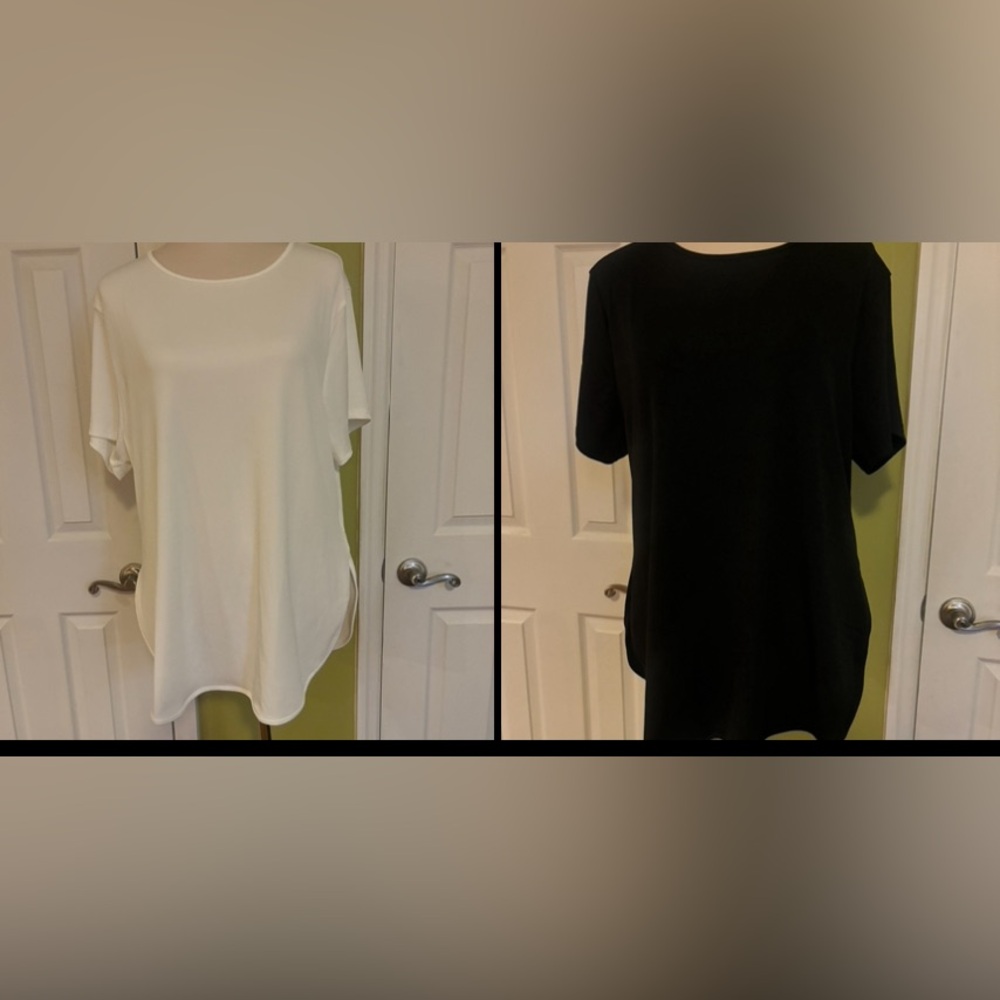 2 Short Sleeve Side Slit Curved Hem Shirts XL Black and White